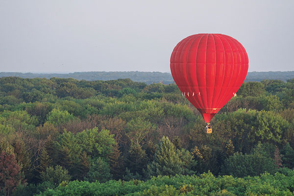 Röd luftballong över skog